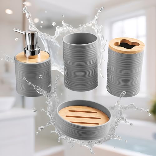 Image of Story@Home 4 Pieces Bathroom Accessories Set - Grey | Toothbrush Holder, Soap Dispenser, Mouth Wash Cup & Soap Dish for Home Kitchen & Bathroom | Bathroom Essentials for Office