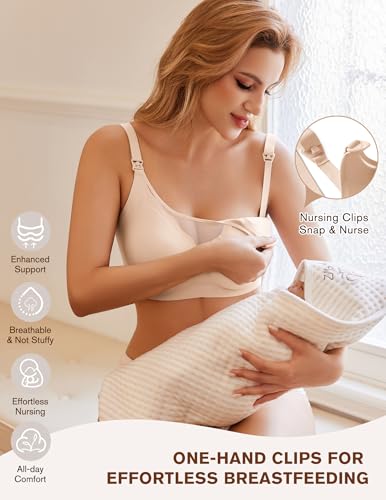 Image of Ekouaer Women Full Cover Nusing Bra Seamless Maternity Mush Haves Mesh Breastfeeding Smooth Bras Breathable Postpartum Bralette Beige M