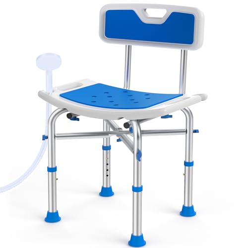 Kekoy 2-in-1 Shower Stool & Chair with Shower Head Holder - 5-Level Height Adjustable Shower Chair with Backrest, Bathroom Stool for Showers/Bathtubs, Shower Seats for Elderly, Adults & Disabled, Blue