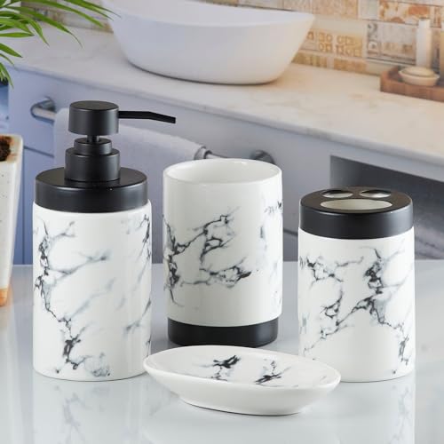 Image of SaSaSa Ceramic Bathroom Accessories Set of 4 Modern Bath Set with Soap Dispenser & Toothbrush Holder, Luxury Home & Gift Idea, White /Black (9598)
