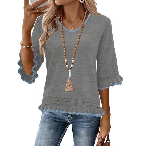 LOMON Women's Sweaters 3/4 Sleeve Business Casual Sweater V Neck Boho Tops Cute Crop Knit Peplum Pullover Spring Outfits Gray Blue Edged Medium