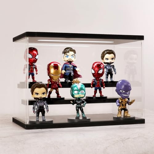 AZEYN Clear Acrylic Display Case with Light , 3 Tier Display Box Stand Assembly Dustproof Protection Showcase for Collectibles Action Figures (Black 12.6×7×9in; 32×18×23cm)