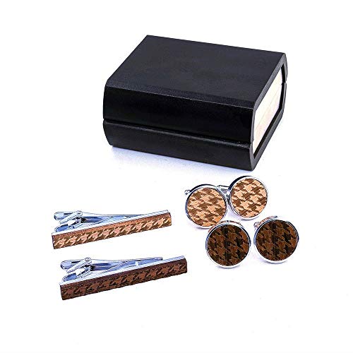 Uteruik Heren Manchetknopen Tie Clip Pin Houten Houndstooth Gedrukt Tie Pin Shirt Manchetknopen voor Mens Bruiloft Geschenken met Gift Box (#A) - Image 7