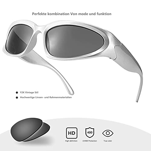YUELUQU Y2K Wrap Around Sunglasses Men's Women's Futuristic Outdoor Sports Sunshade UV400 Glasses (Silver Frame/Grey Lens) - Image 4
