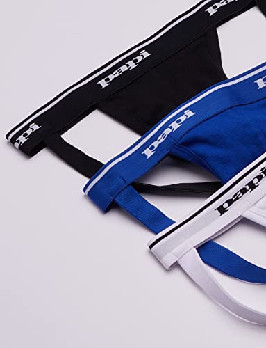 papi Men's 3-Pack Jockstrap, Athletic Supporter, Breathable Male Workout Underwear, Black/White/Blue, Large