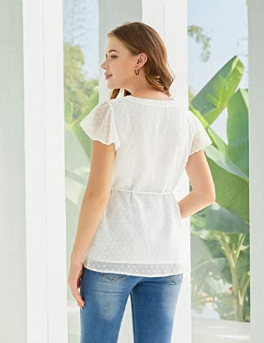 Maternity Tops V-Neck Blouses Flutter Short Sleeves Tunic Tops White L #TOP2
