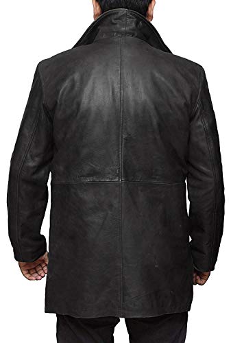 Image of Men's Black Military Type Lambskin Leather Trench Coat - Classic Button Closure Long Coat Style