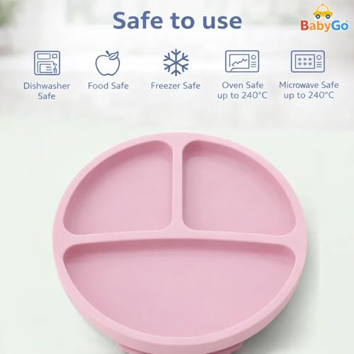 Image of BabyGo Silicone Suction Plate with Spoon for Babies | Microwave, Dishwasher & Freezer Safe | Unbreakable Feeding Plate with 4 Suction Cups for Babies & Toddlers | BPA-Free (Pink)