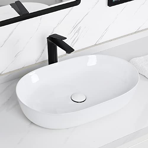 Tysun Vessel Sink Oval, 24'' X 16'' Oval Bathroom Sink White Porcelain Ceramic Vessel Sink, Oval Above Counter Sink Art Basin With Pop-Up Drain #TOP1