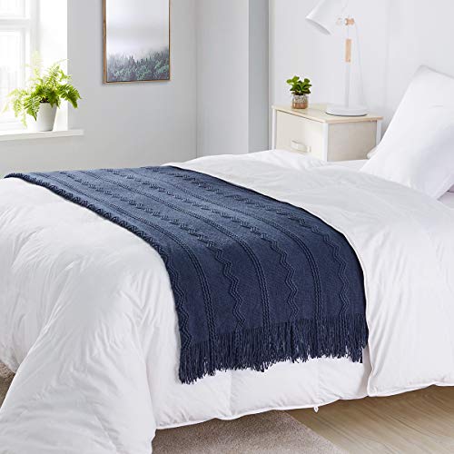 Bourina Throw Blanket Textured Solid Soft Sofa Throw Bed Runner Couch Cover Knitted Decorative Blanket Bed Runner,50"X90" Navy #TOP2