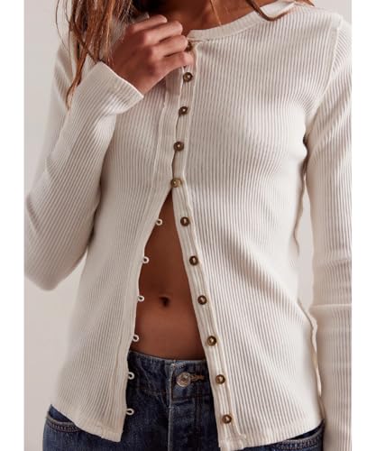 Image of Women's Slim Fitted Cardigan Ribbed Knit Long Sleeve Button Down Shirt Crewneck Y2K Blouse Tops,White,S