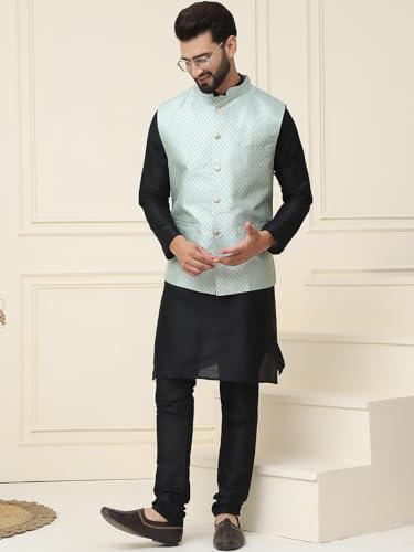 Image of SOJANYA (Since 1958 Men's Silk Blend Kurta Pyjama & Self Design Nehru Jacket Combo