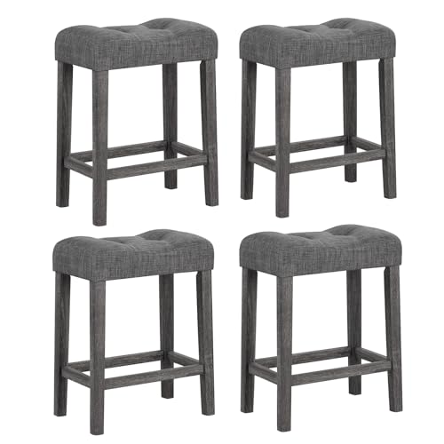 Image of Giantex 24 inch Bar Stools Set of 4, Backless Counter Height Saddle Bar Stools w /Padded Seat, Solid Rubber Wood Legs, Farmhouse Linen Fabric Upholstered Barstools for Kitchen Counter Island, Cafe, Gray