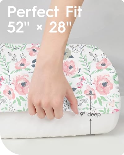 Image of Baby Crib Sheets Girl, TotBasic Premium Soft Crib Mattress Sheet, Ultra Breathable Floral Crib Sheet Fitted, Super Stretchy Jersey Cotton Crib 28 inch x52''x9'' Extra Deep Pocket