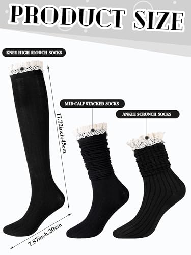3 Pairs Women Cotton Knit Boot Socks Knee High Stockings with Lace Trim Slouch Stacked Scrunch Socks Free size3