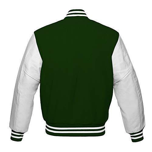Varsity Baseball Letterman Bomber School Collage Green Wool and Genuine White Leather Sleeves Zipper Jacket2