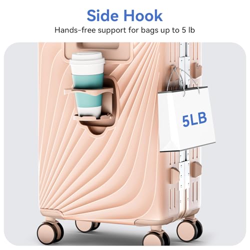 Image of Carry On Luggage, Hardside Zipperless Suitcase, Light Pink, 20 in | Airline Approved, Aluminum Frame, TSA Lock, 360Spinner Wheels, PC, Charger Port, Cup and Phone Holder, Side Hook