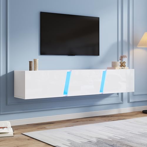 Merax Mueble bajo para TV, color blanco brillante con iluminación LED, mueble de TV con puerta plegable, soporte para TV de 75 pulgadas, estante de TV montado en la pared, 180 cm, para salón