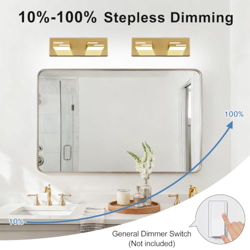 Image of LED Modern Bathroom Vanity Light Fixtures, Dimmable Gold Vanity Lights for Bathroom Lighting Fixtures Over Mirror, with 360 Rotatable Heads 2-Light 16-inch (Cool White 6000K)