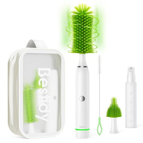 Image of Bestidy Electric Baby Bottle Brush Travel Set，Rechargeable Baby Bottle Cleaner with Replaceable Silicone Bottle/Nipple/Straw Brush，50ml Lotion Bottle and Storage Bag，Green