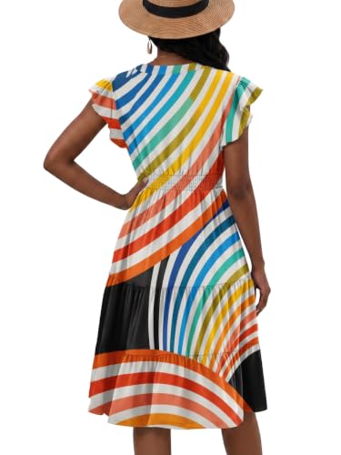Image of Womens Summer Dress Ruffle Sleeve V Neck Midi Dresses Casual Fit Flowy Tiered Boho Beach Vacation Sundress