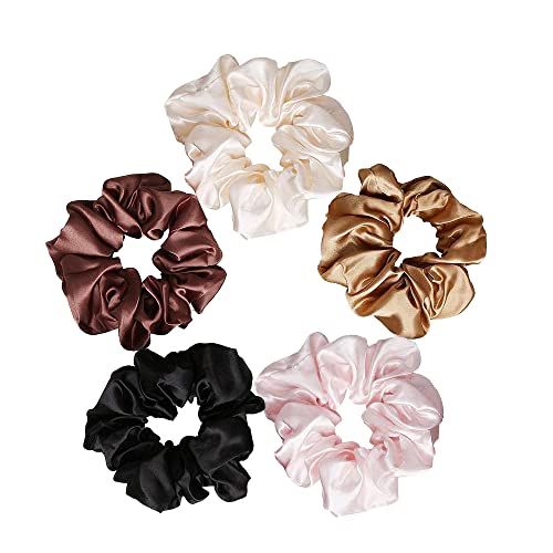 Image of SANNIDHI 5 Pcs Silk Satin Hair Scrunchies, Elastic Ponytail Bands, 5 Colors