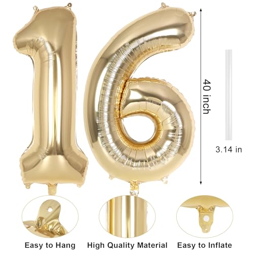 Image of Champagne Gold Large Number 16 Balloon, 40 Inch Light Gold Foil Helium Number Balloons, Giant Mylar Number 16 Balloons for 16 Years Old Birthday Party Anniversary Decorations (Champagne Gold 16)
