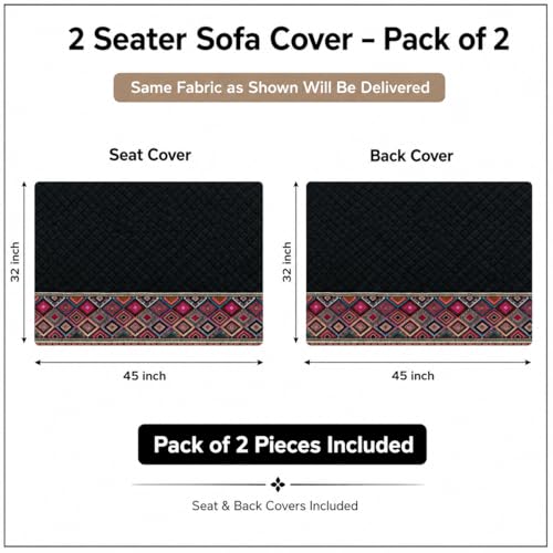 Image of KINGLY Sofa Cover 2 Seater Fully Covered | Stretchable Anti-Slip Slipcover | Washable Furniture Protector | Black Multicolor | Set of 2 | Seat & Back |