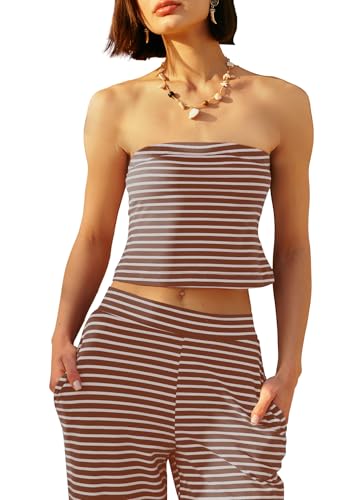 Panadila Womens Striped Two Piece Sets Summer Lounge Outfits Sailor Tube Top and Pants Matching Set Beach Vacation Travel Y2k2