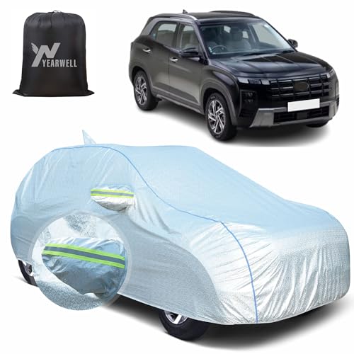 Image of Car Body Cover for Hyundai Creta, 100% Waterproof, Heat-Resistant with Mirror & Antenna Pockets, Soft Cotton Lining, Triple Stitched, Piping & Reflector (Reflective Silver)