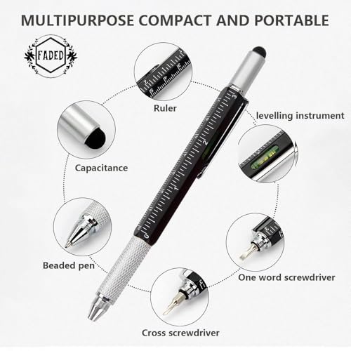 Image of Faded 6-in-1 MultiTool Pen Set | All-in-One Ballpoint Pens with Stylus, Ruler, Level, Flat & Phillips Screwdrivers | Compact & Versatile Tool Pens (Pack of 2)