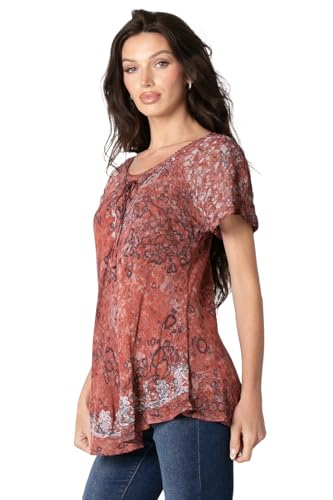Image of Sakkas Ash Speckled Tiedye Embroidered Cap Sleeve Blouse Top with Embroidery Hems