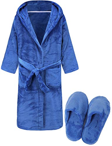Kids Soft Plush Hooded Bathrobe Matching Slippers,Spa Robe Hooded Flannel Pajamas Sleepwear for Boys Girls Royal Blue 12-14 Years