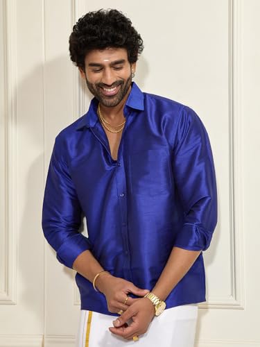 Image of VASTRAMAY Men's Ethnic Silk Blend Shirt Full Sleeves - South Indian Shirt in Rose Gold, for Casual, Formal | Festive Ethnic Outfit For Rakhi