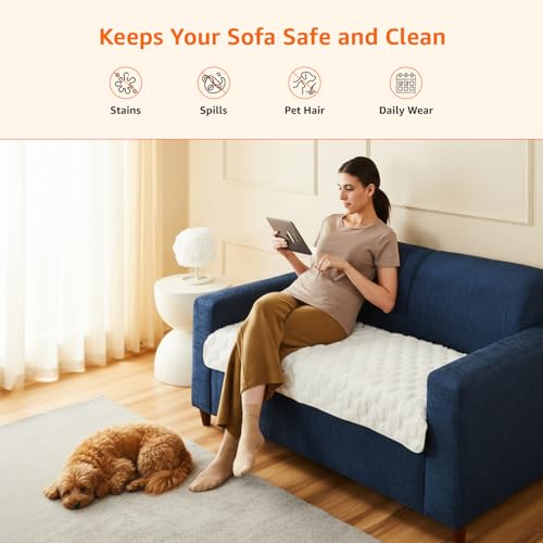 Image of Amazon Basics Quilted Sofa Cover for Two Seater, Playful Polka Dots, Non-Slip Sofa Pad, 70x120 cm, Soft Silicone Grip Dots, 100% Polyester, Machine Washable - Off-White