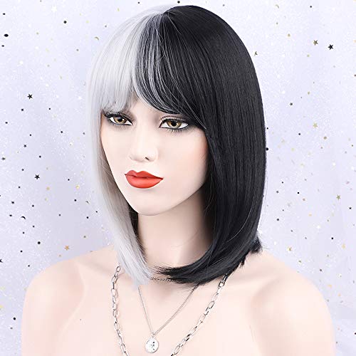Forcuteu Black And White Wig Half Black Half White Wig With Bangs Cosplay Wig Costume Wigs For Women Girls Split Wig Halloween Party Use #TOP2
