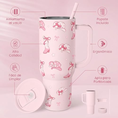 Image of SANDJEST Cowgirl 40oz Slider Tumbler with Handle and Straw - Insulated Stainless Steel Travel Coffee Mug for Women Girls, Gift for Birthday, Christmas
