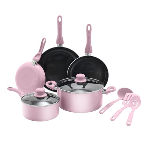 GreenLife Essentials - Juego de utensilios de cocina de 10 piezas, ollas antiadherentes de cerámica saludable, sartenes para freír y salsas, sin PFAS ni PFOA, apto para lavavajillas, calefacción
