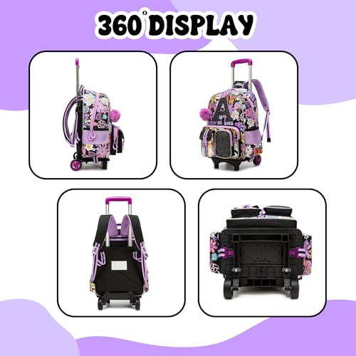 Image of Meetbelify 3 in 1 Backpack with Wheels for Girls Rolling Letter Backpack Cute Carry on Backpack Kids Luggage with Lunch Box Pencil Case for Elementary Student