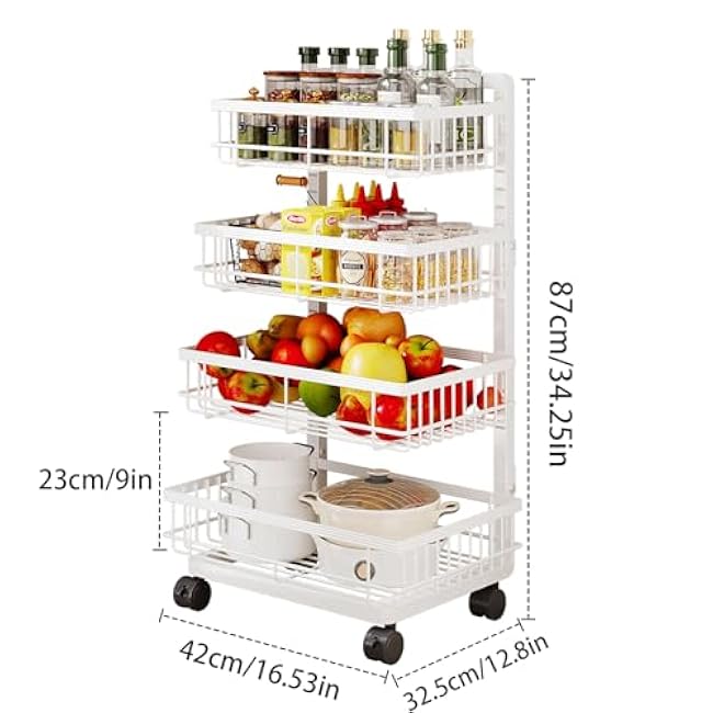 4-Tier Kitchen Storage Cart, Metal Utility Rolling Cart with Wheels, Versatile Rolling Storage Snack Cart, Adjustable Fruit Vegetable Basket Rack for Pantry, Bathroom, Kitchen, Office (Milky White)-Z4LneTND