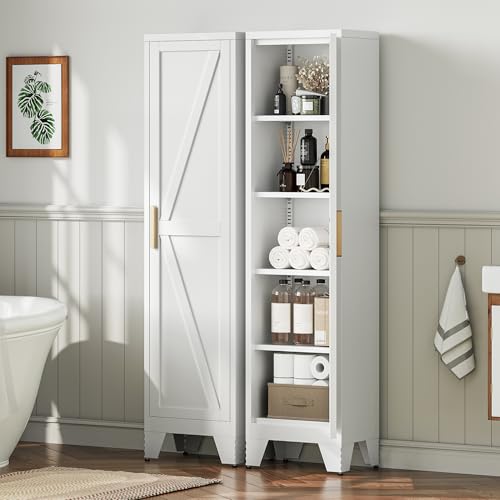 Image of LCAOPC 67 inch Tall Narrow Bathroom Metal Storage Cabinet with 4 Adjustable Shelves, Freestanding 5 Tier Slim Pantry Storage Cabinet for Small Space, White