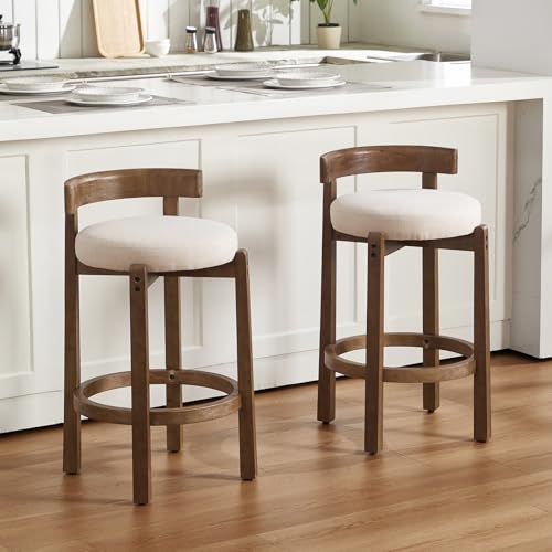 Lessmore mid-Century Beige Linen bar stools Set of 2 - Low Back Counter Height stools with Wood Frame, upholstered Kitchen bar stools for Counter, Stylish & Comfortable