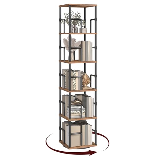 MAHANCRIS 5-Tier Rotating Bookshelf, Freestanding Corner Bookshelf, 360° Spinning Bookcase, Industrial Style Storage Rack with Rails, for Living Room, Bedroom, Study, Rustic Brown and Black BKHR1601