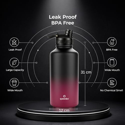Image of Speedex Vacuum Insulated Stainless Steel Water Bottle 2 Litre (2000ml / 2L / 2 Ltr) with 2-in-1 Lid (Straw & Spout), Hot & Cold Leakproof Thermosteel Travel Flask for Gym & Outdoor (Black-Wine)