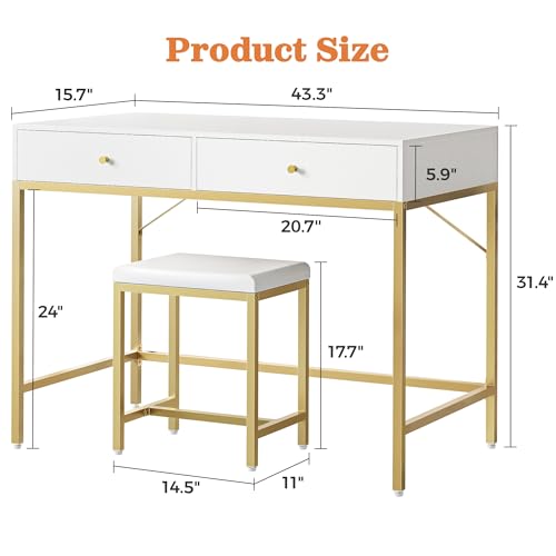 Image of SUPERJARE 43-inch Modern White & Gold Desk - 2 Drawer Vanity