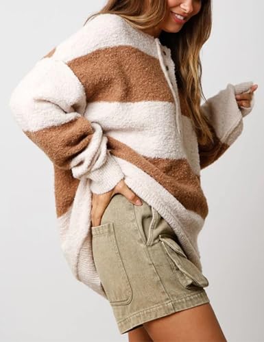 Womens Oversized Striped Sweater Long Sleeve Color Block Half Buttoned Collar Knit Pullover Tops4