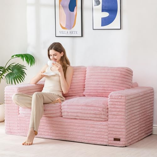 Image of MAXYOYO Loveseat Sofa Couch, Upholstered Bean Bag Chair Cloud Seat for Adults, Boneless Couch with Cushion & Pillows, Sofa in A Box, No Assembly Required, Faux Fur Pink