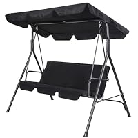 3 Seater Canopy Swing Chair - Garden Rocking Swinging Bench Heavy Duty Patio Metal Terrace Seat with Top Roof - Thick Padded Cushion | Waterproof Outdoor Garden | Sun Protection - Black