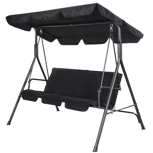 Image of 3 Seater Garden Swing Chair - Black Seat Hammock Swinging Metal Terrace Shade Sun Protection Canopy Bench | Thick Padded Cushion | Waterproof Outdoor Garden | Adjustable Canopy
