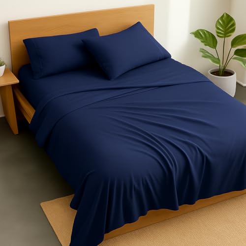 Image of Cotton Double Bedsheet with 2 Pillow Covers | 100% Pure Cotton | Soft & Breathable | 90x100 inch - Navy Blue